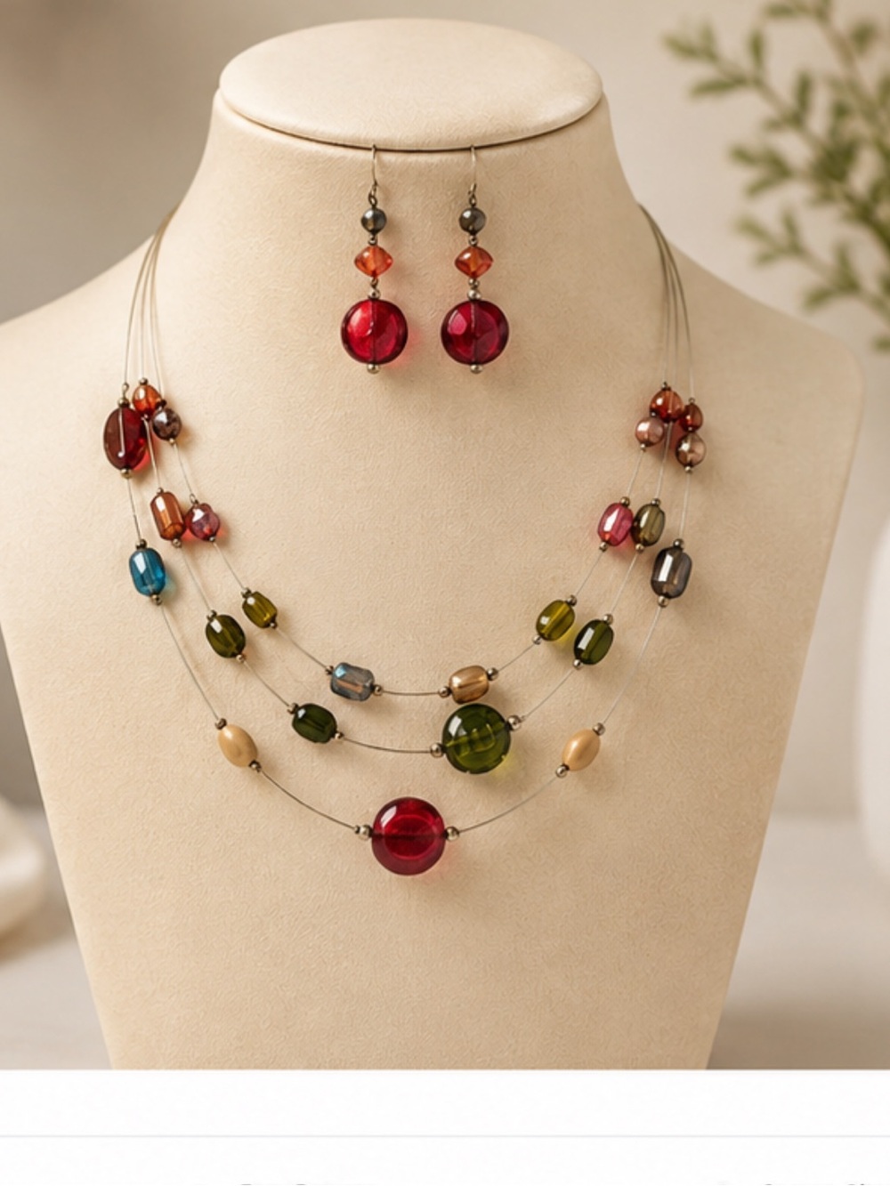 Necklace/Earring Set: Three rows beautiful glass beaded necklace and earrings.